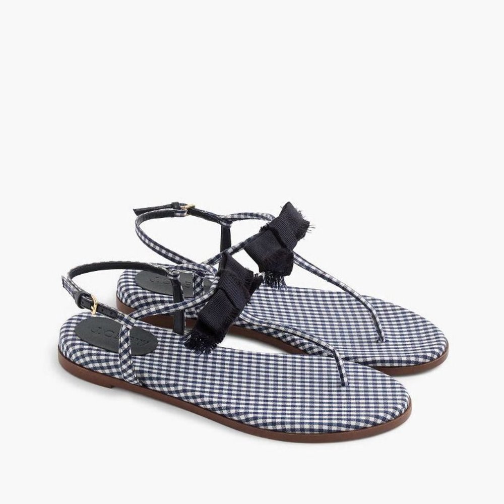 J Crew Blue Gingham T-strap Bow Sandals - G4210